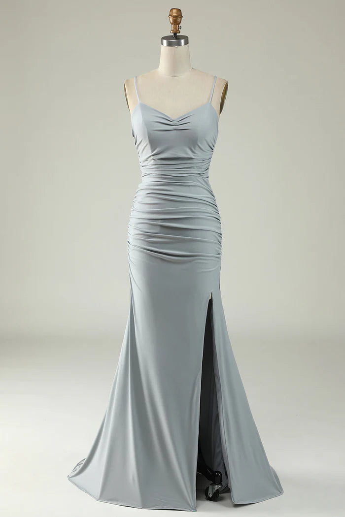 Weitese Dress Mermaid Spaghetti Straps Grey Plus Size Prom Dress With Criss Cross Back Prom Dress